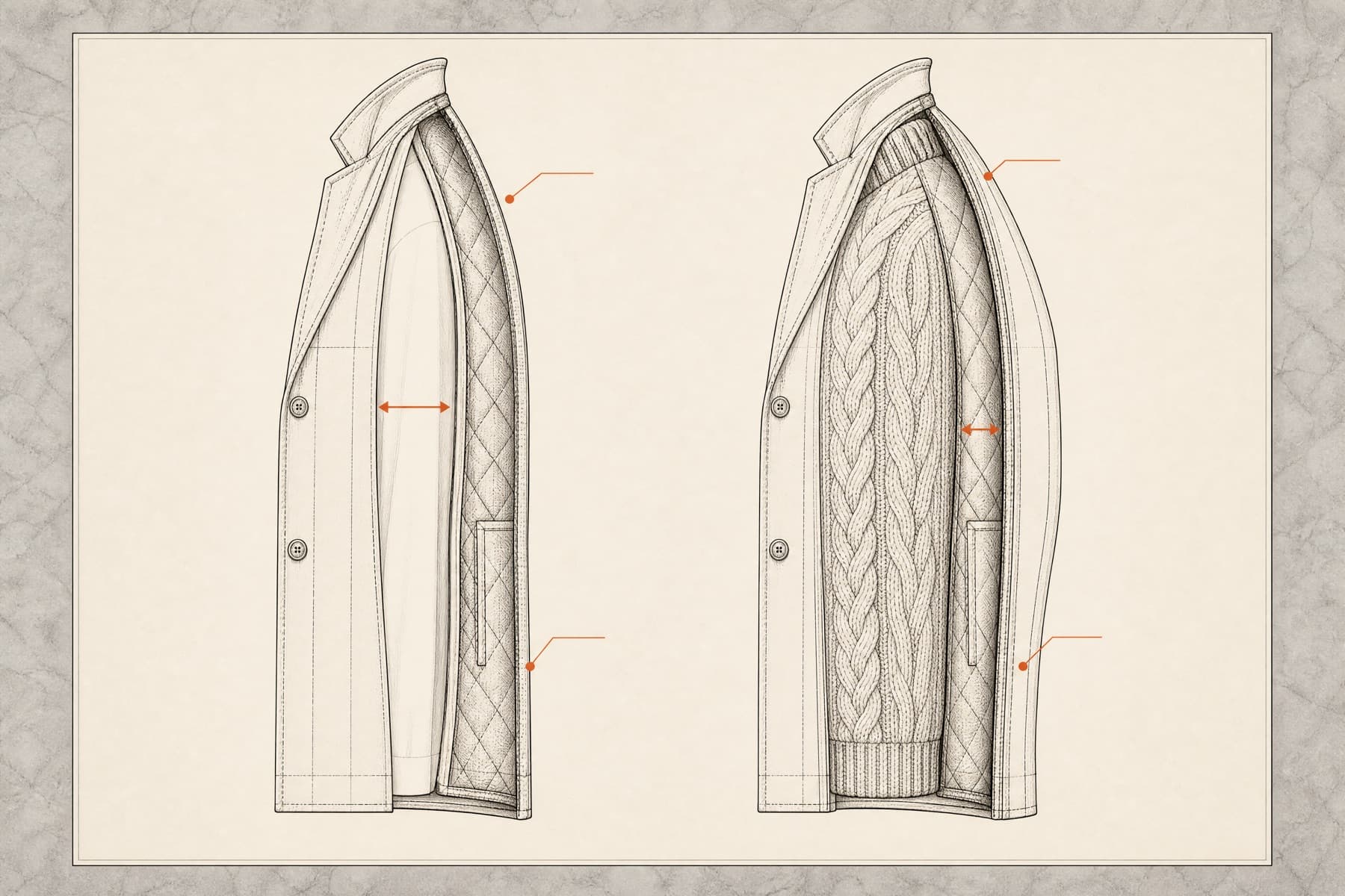 Two cross-sections comparing the room left inside a coat over a shirt and over a thick sweater