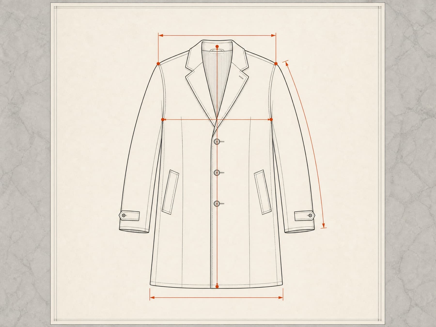 Technical flat of a coat with dimension lines marking shoulder, chest, length, sleeve and hem