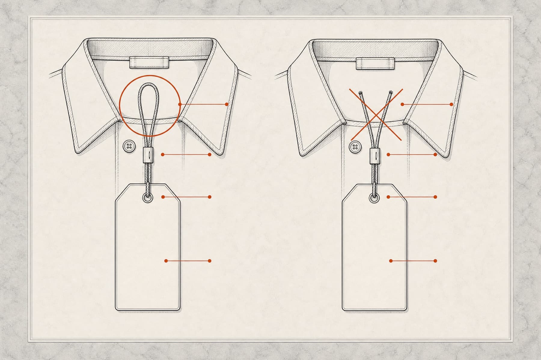 Two hang tags side by side, one with its cord intact and one with the cord cut