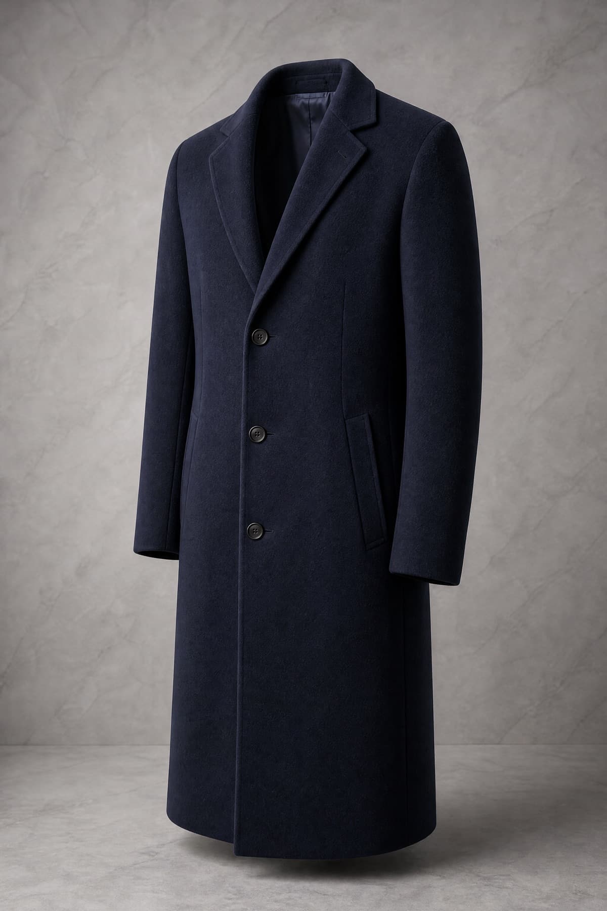 A dove-grey cashmere-blend overcoat with a short dense nap