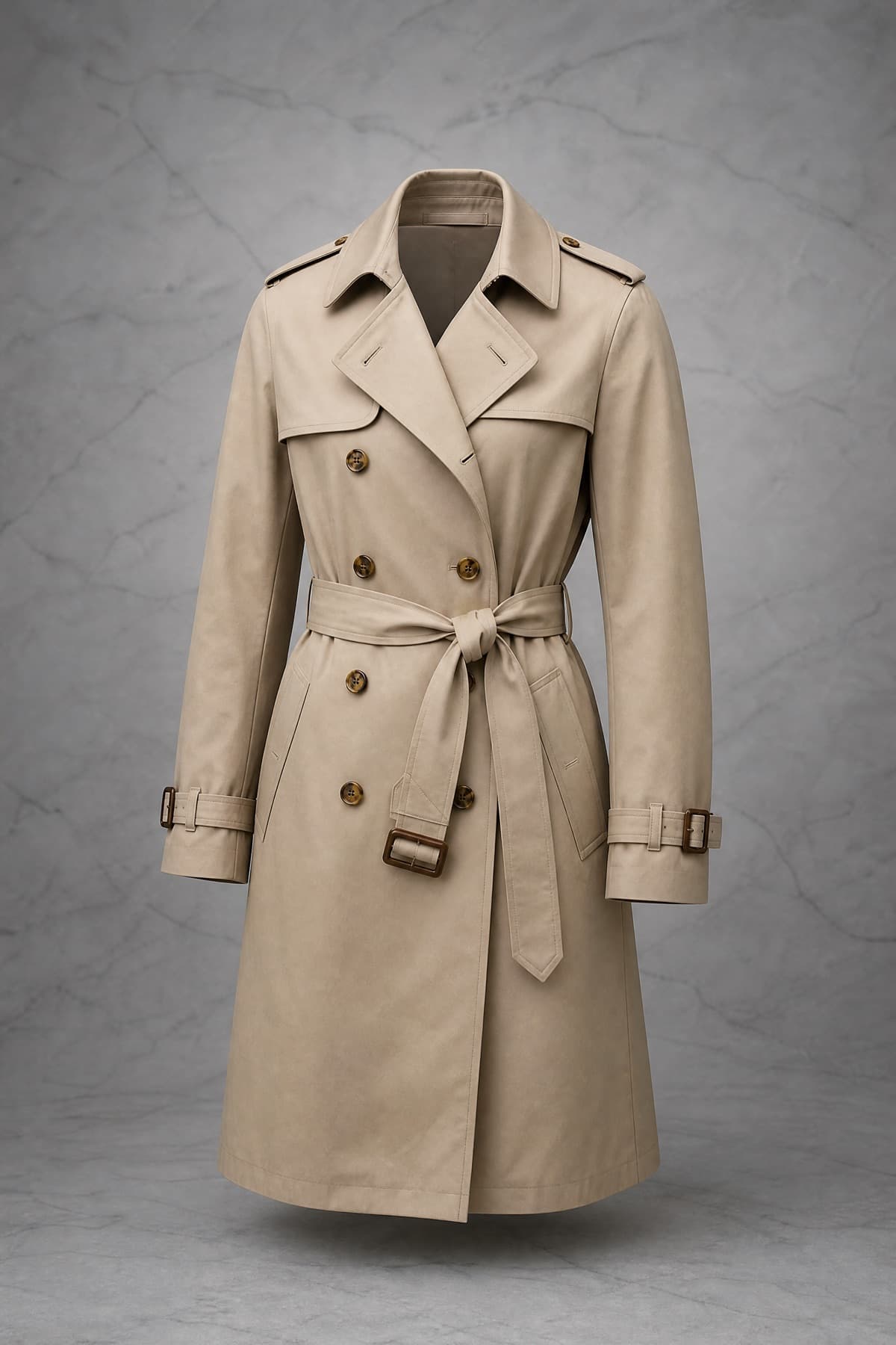 A sand-beige cotton gabardine trench coat, belted, with a storm flap