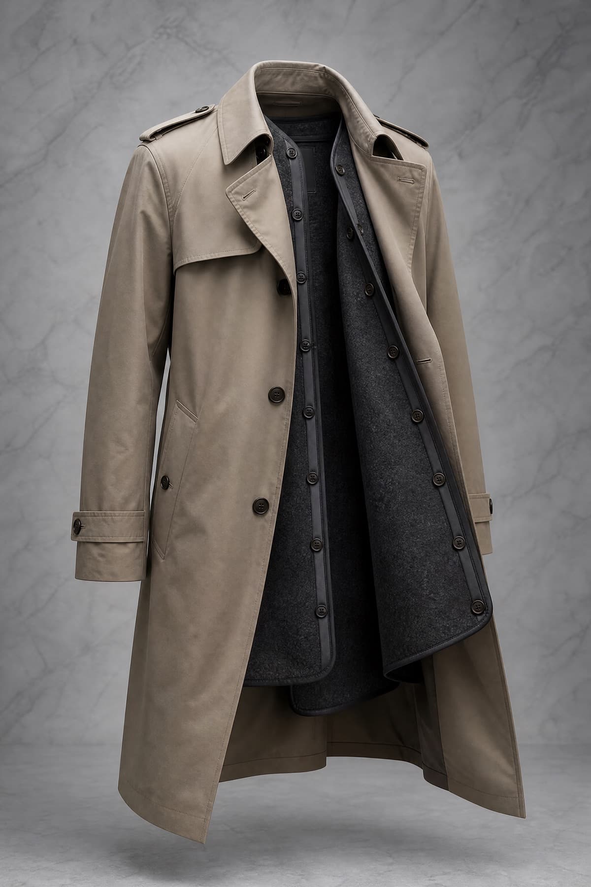 A trench coat shown with its removable wool liner partly pulled out