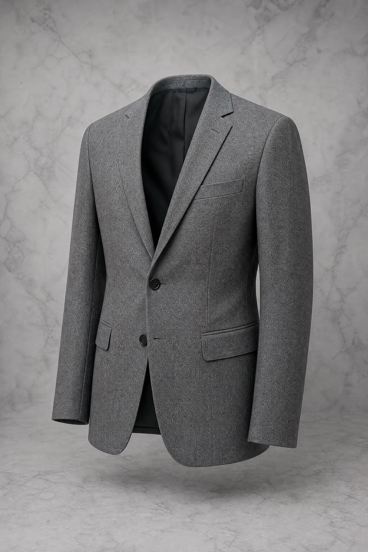 Jacket Fusible Wool, mid-grey wool blend, single breasted, photographed on an invisible form