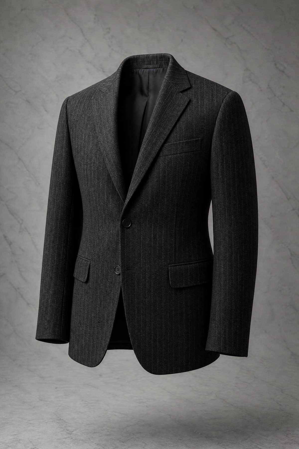 Jacket Half Canvas, charcoal wool with a faint chalk stripe, photographed on an invisible form