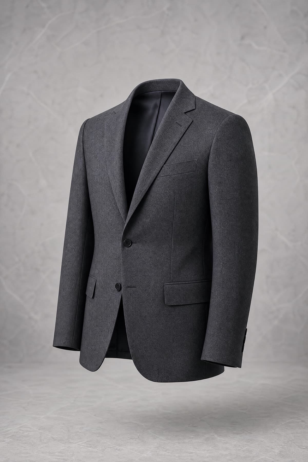 Jacket Full Canvas, mid-charcoal worsted wool, two buttons, photographed on an invisible form