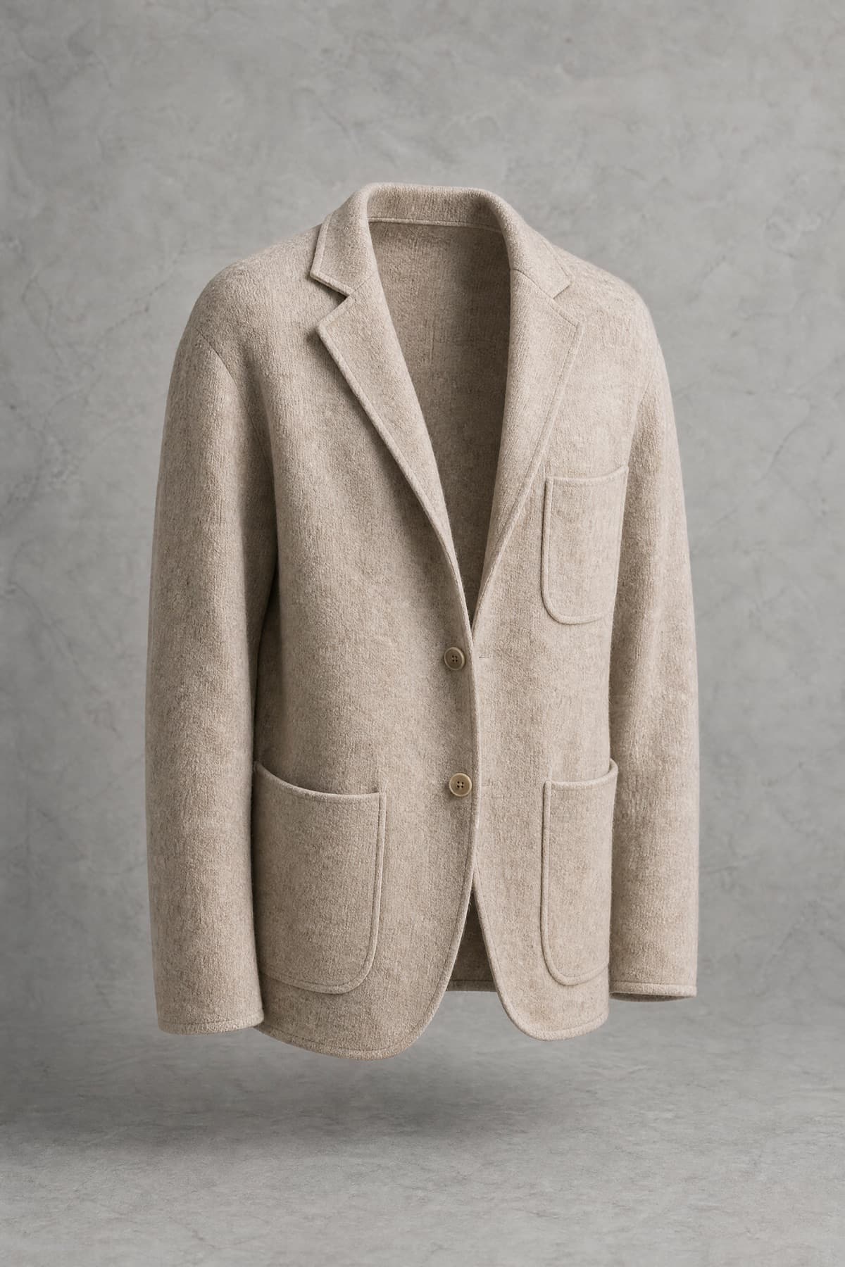 Jacket Unstructured, soft oatmeal wool, collapsing shoulders, photographed on an invisible form