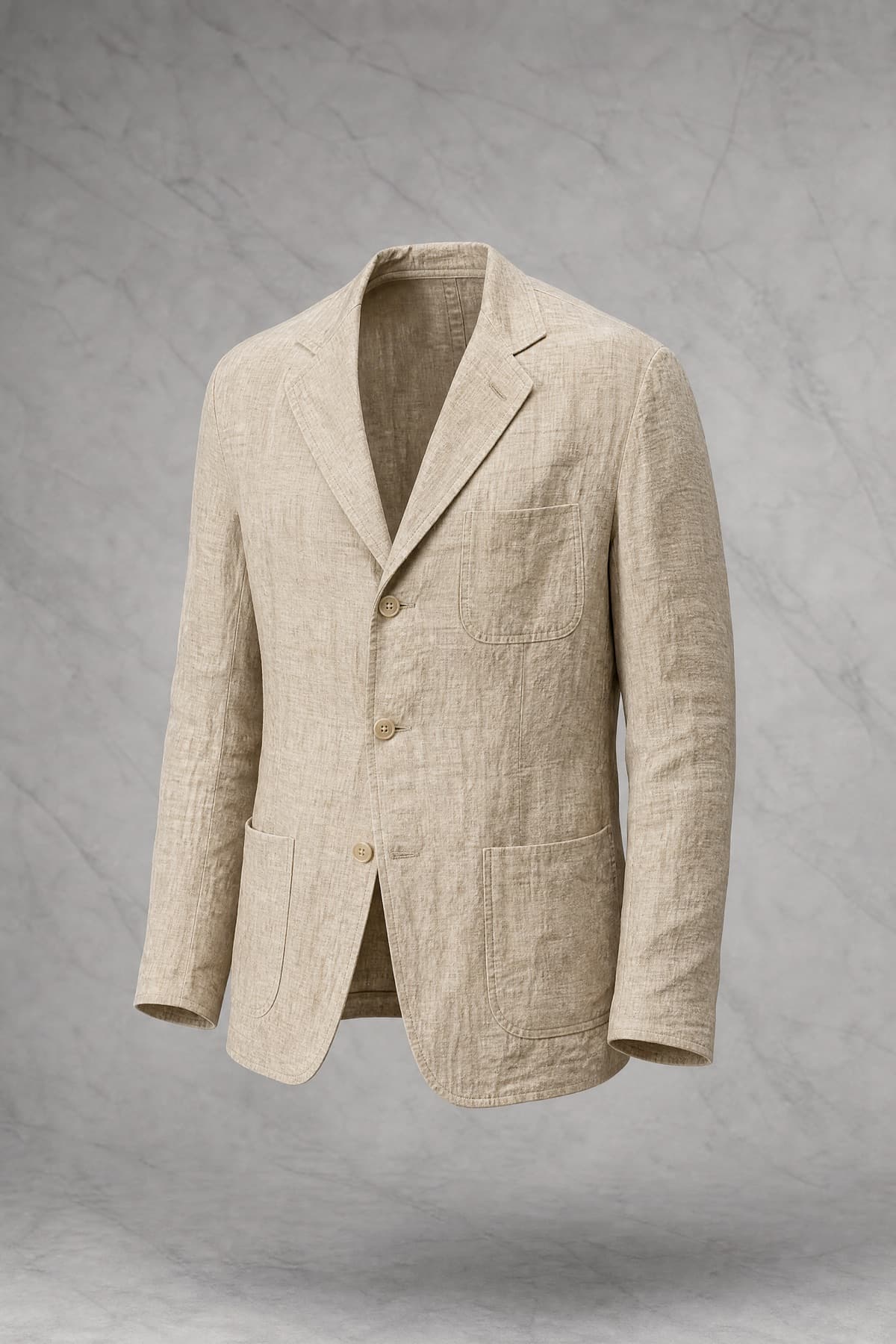 Jacket Linen Summer, pale sand slubby linen, patch pockets, photographed on an invisible form