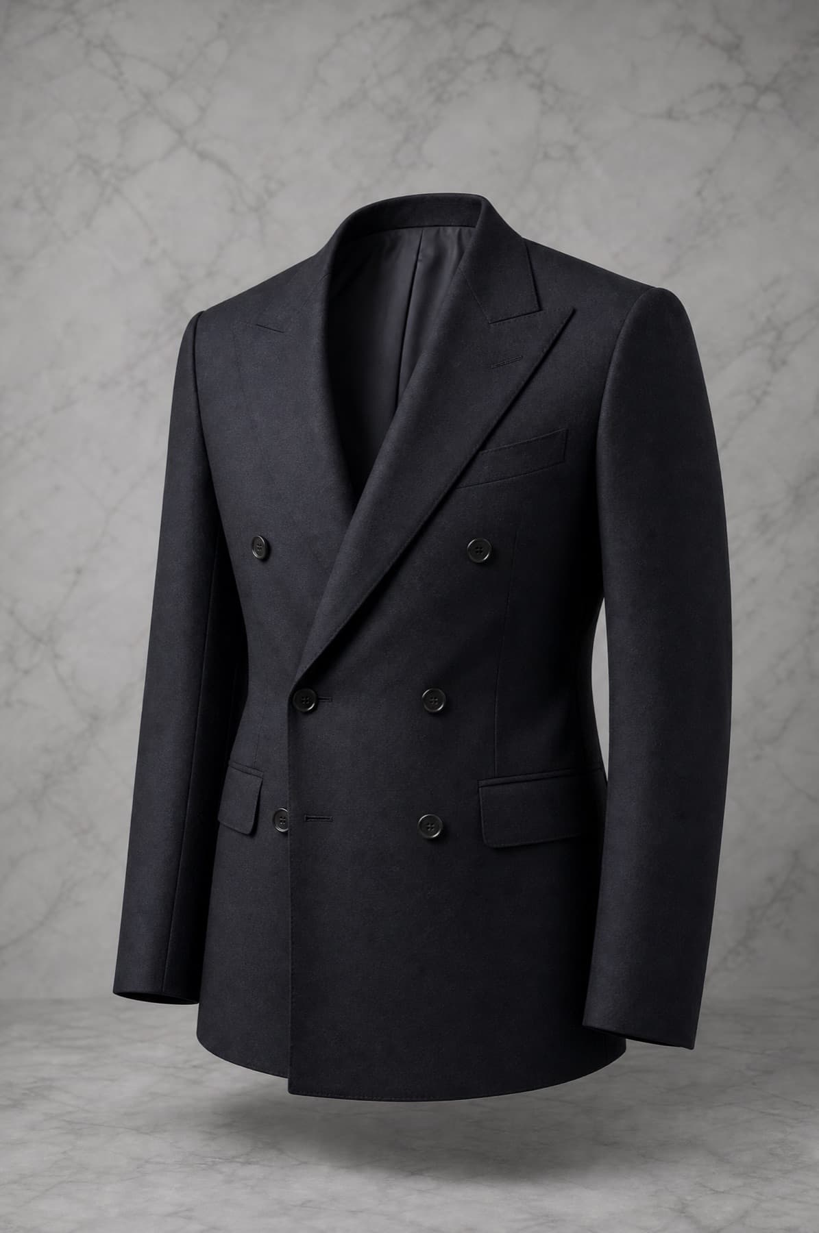 Jacket Double Breasted, deep ink-grey wool, six buttons, wide peak lapels, on an invisible form