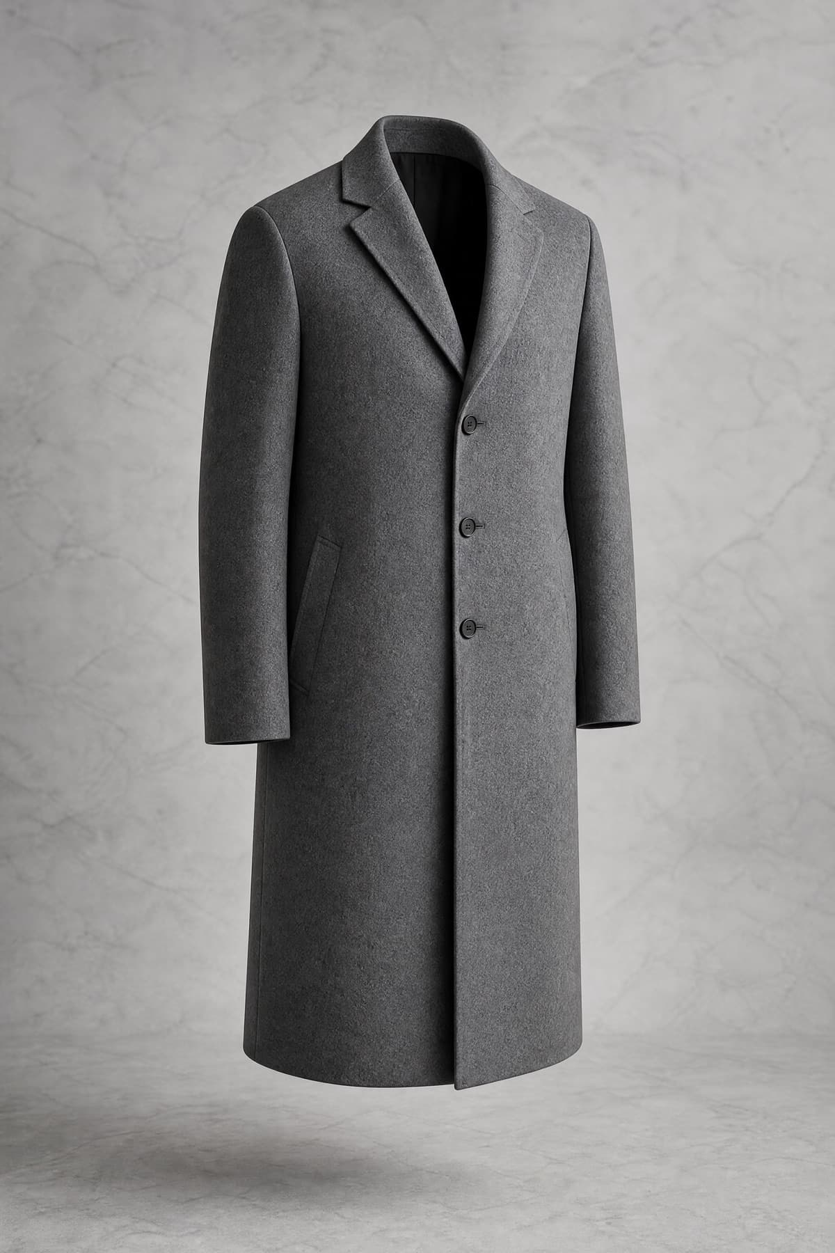 Coat Single Wool, mid-grey melton, four buttons, below the knee, on an invisible form