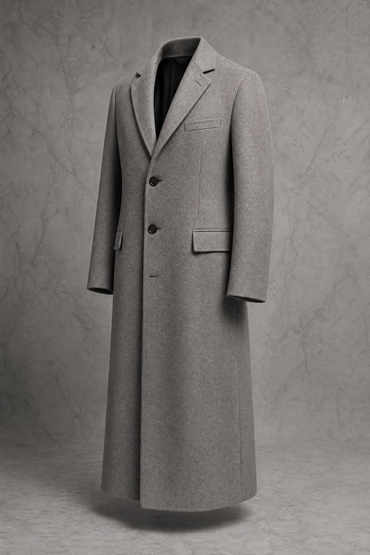Coat Long, stone-grey wool to mid-calf, single breasted, on an invisible form