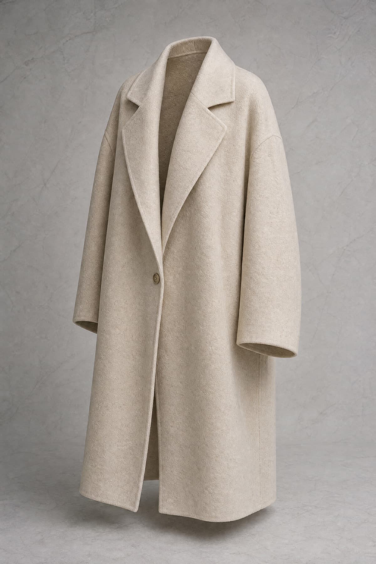 Coat Oversized, pale oatmeal wool, dropped shoulders, wide body, on an invisible form