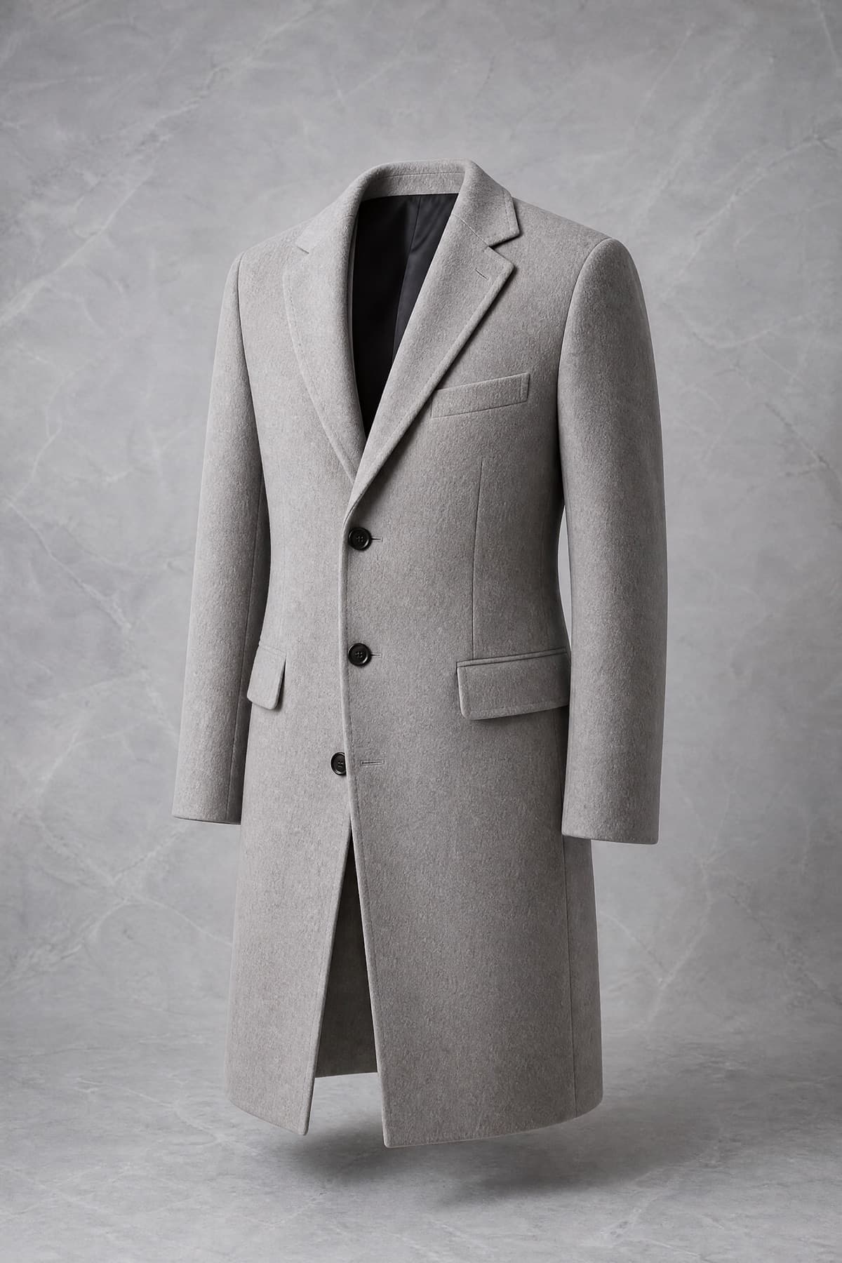 Coat Cashmere Blend, soft dove-grey, knee length, single breasted, on an invisible form