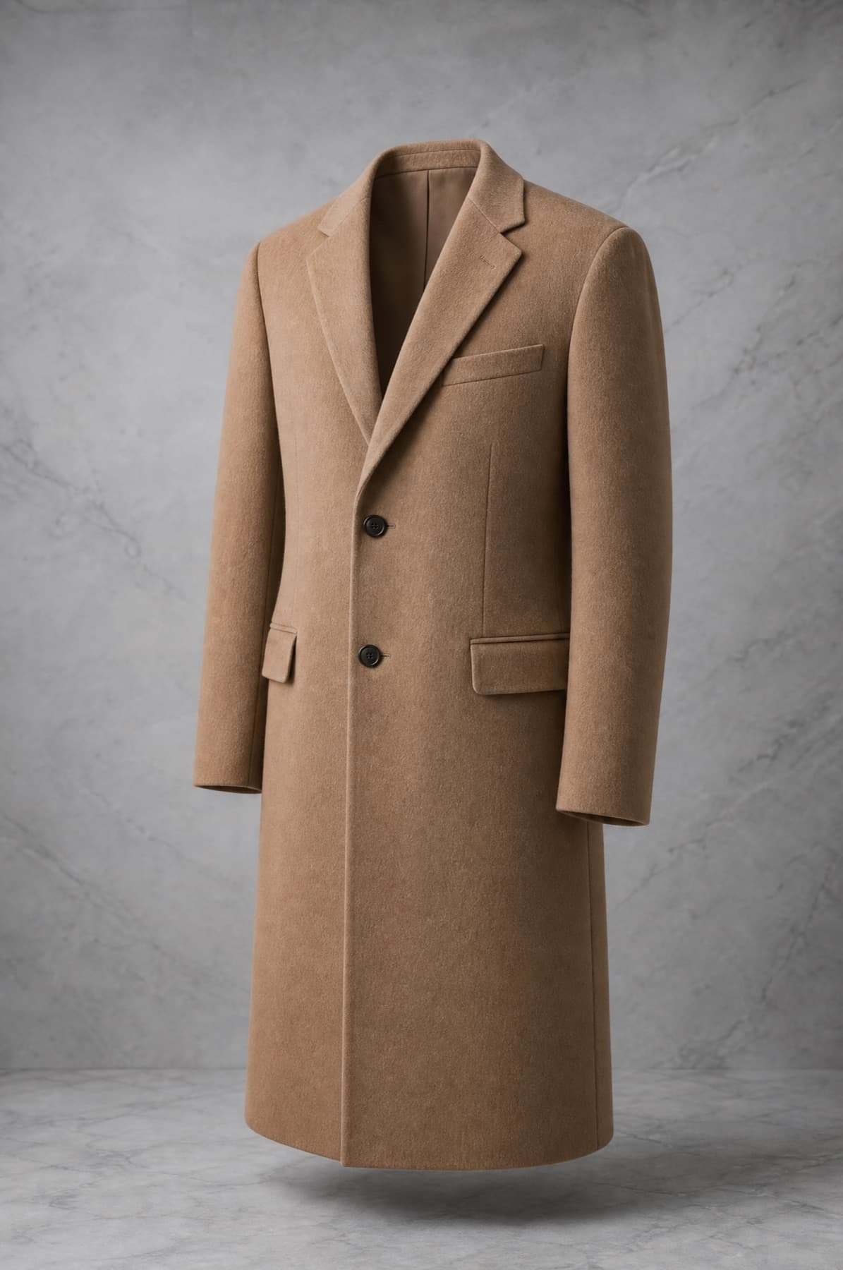 Coat Cashmere 100, camel tone, knee length, notch lapel, on an invisible form