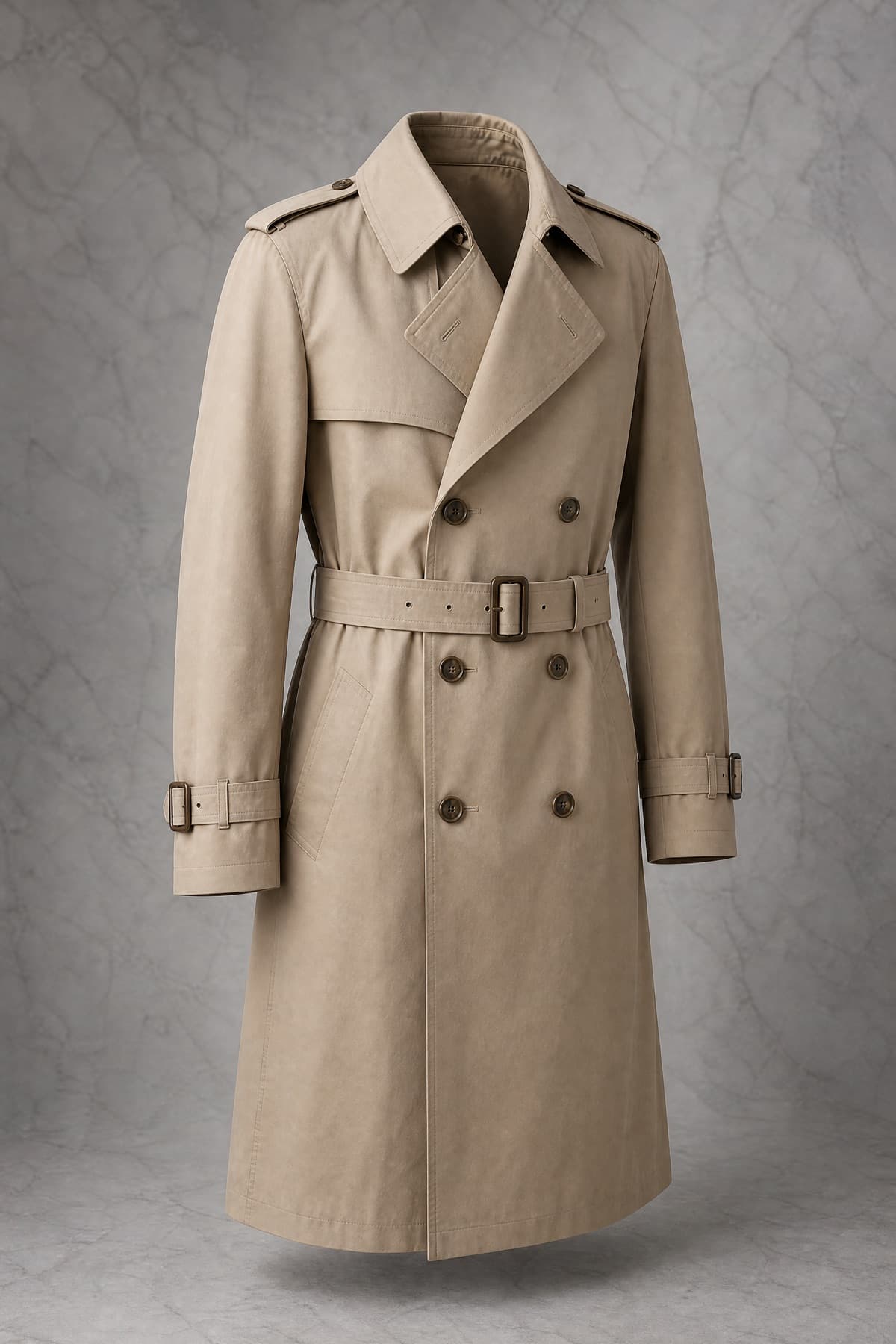 Trench Cotton, sand-beige gabardine, double breasted, belted, on an invisible form