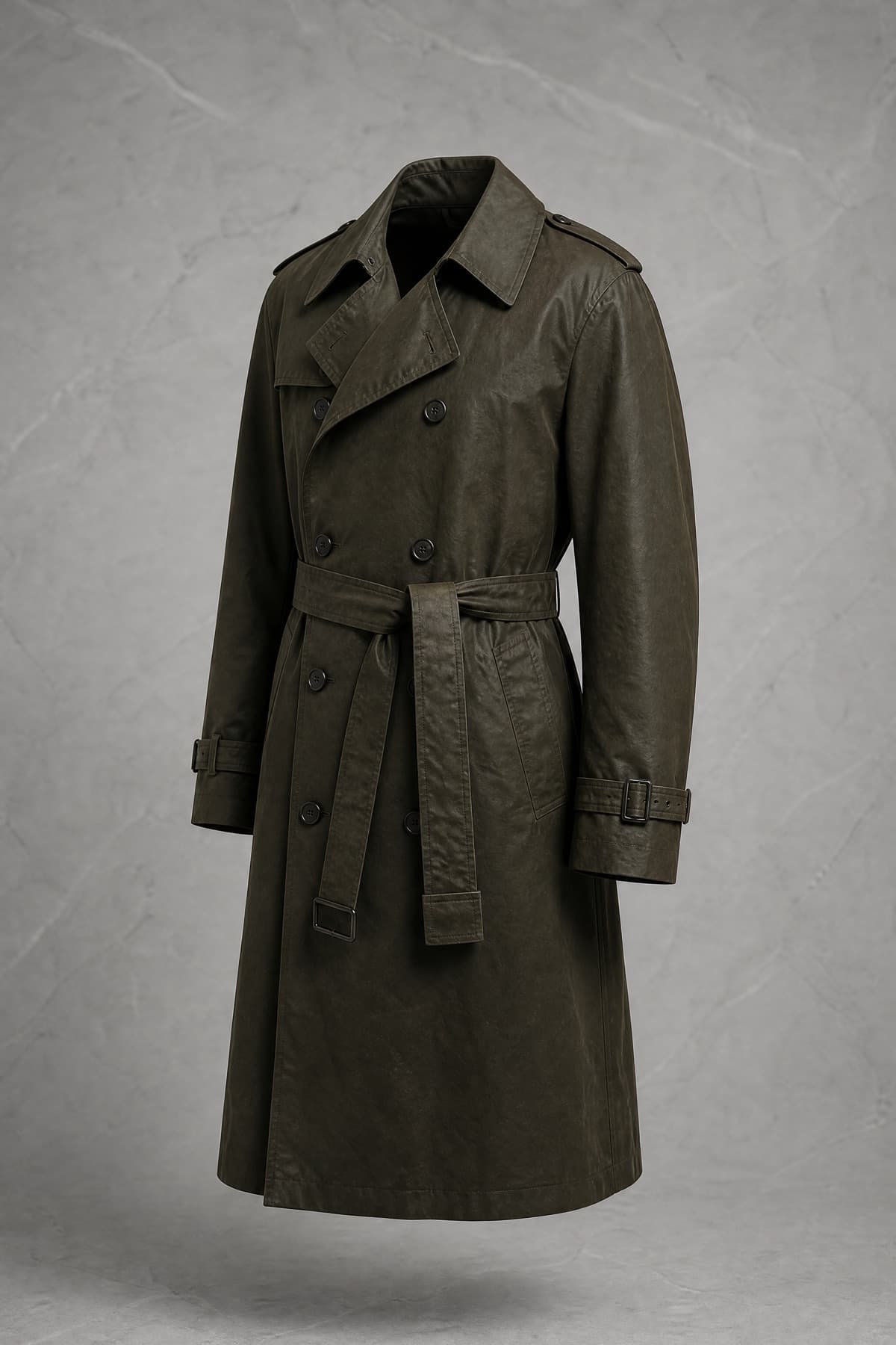Trench Coated, dark olive coated cotton with a low waxy sheen, double breasted, on an invisible form