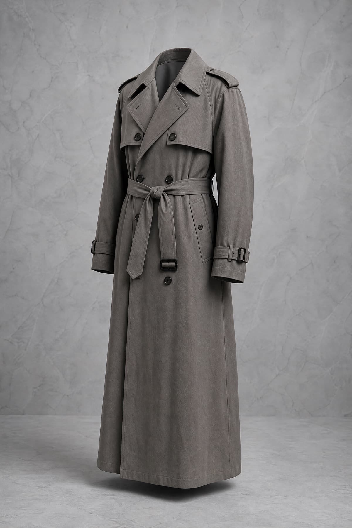 Trench Long, stone-grey gabardine to mid-calf, double breasted, belted, on an invisible form