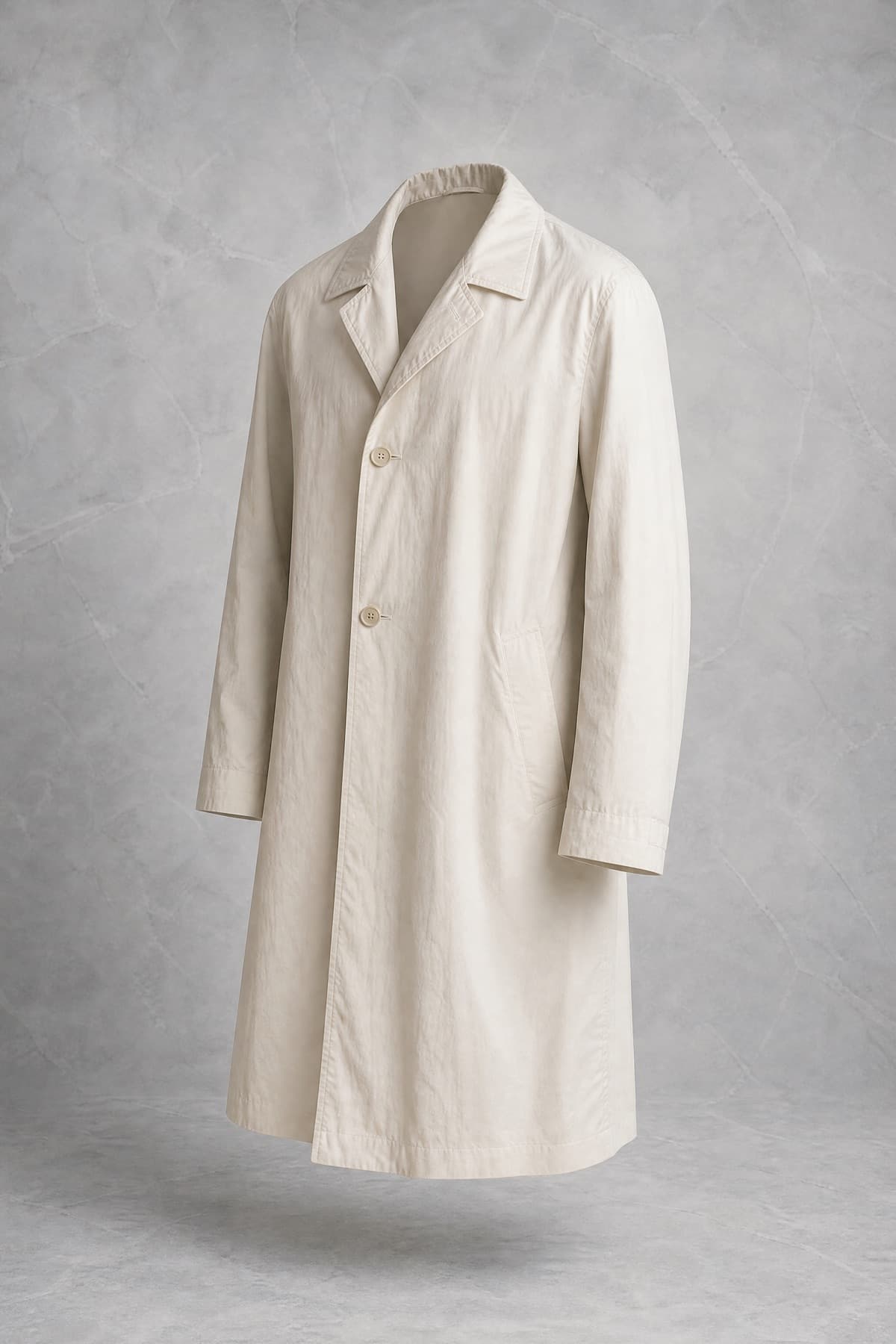 Trench Light, pale ecru linen-cotton, unlined, single breasted, on an invisible form