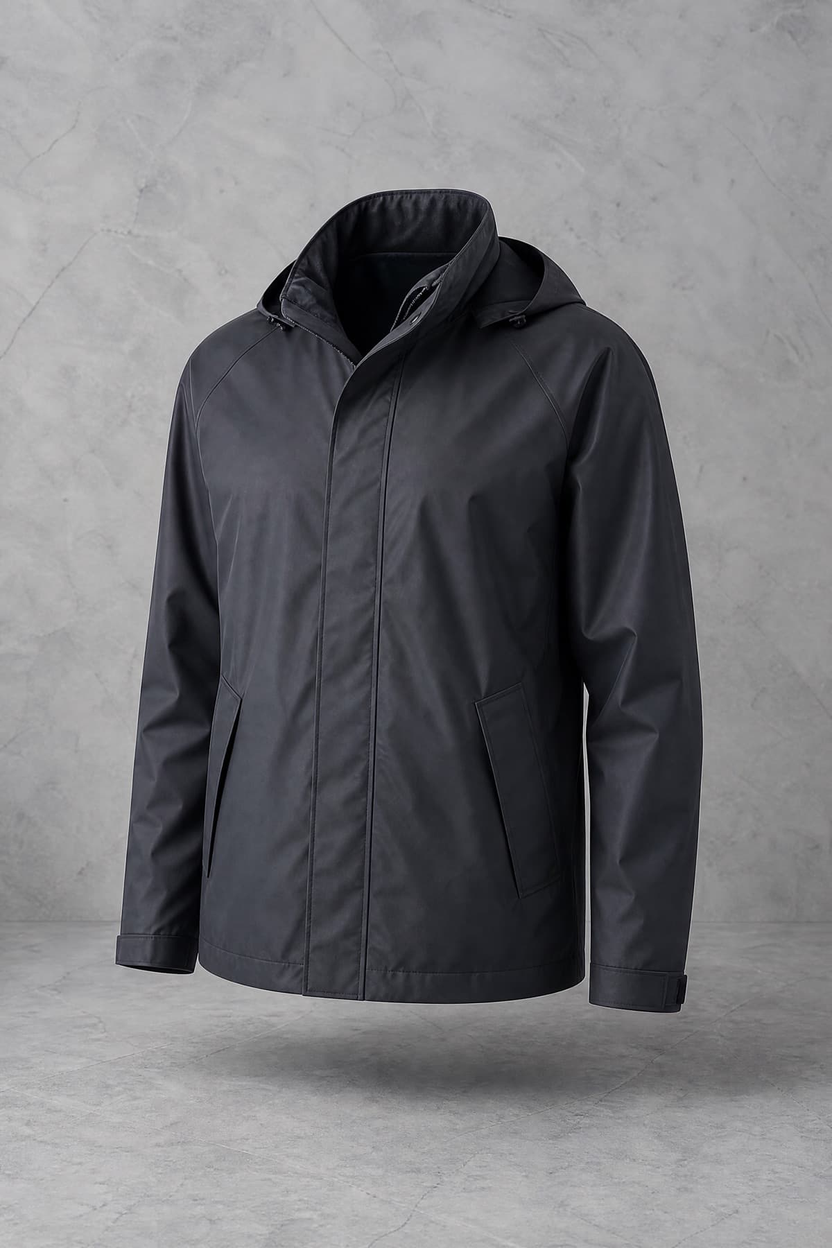 Rain Jacket Short, dark slate coated shell, hood down, hip length, on an invisible form