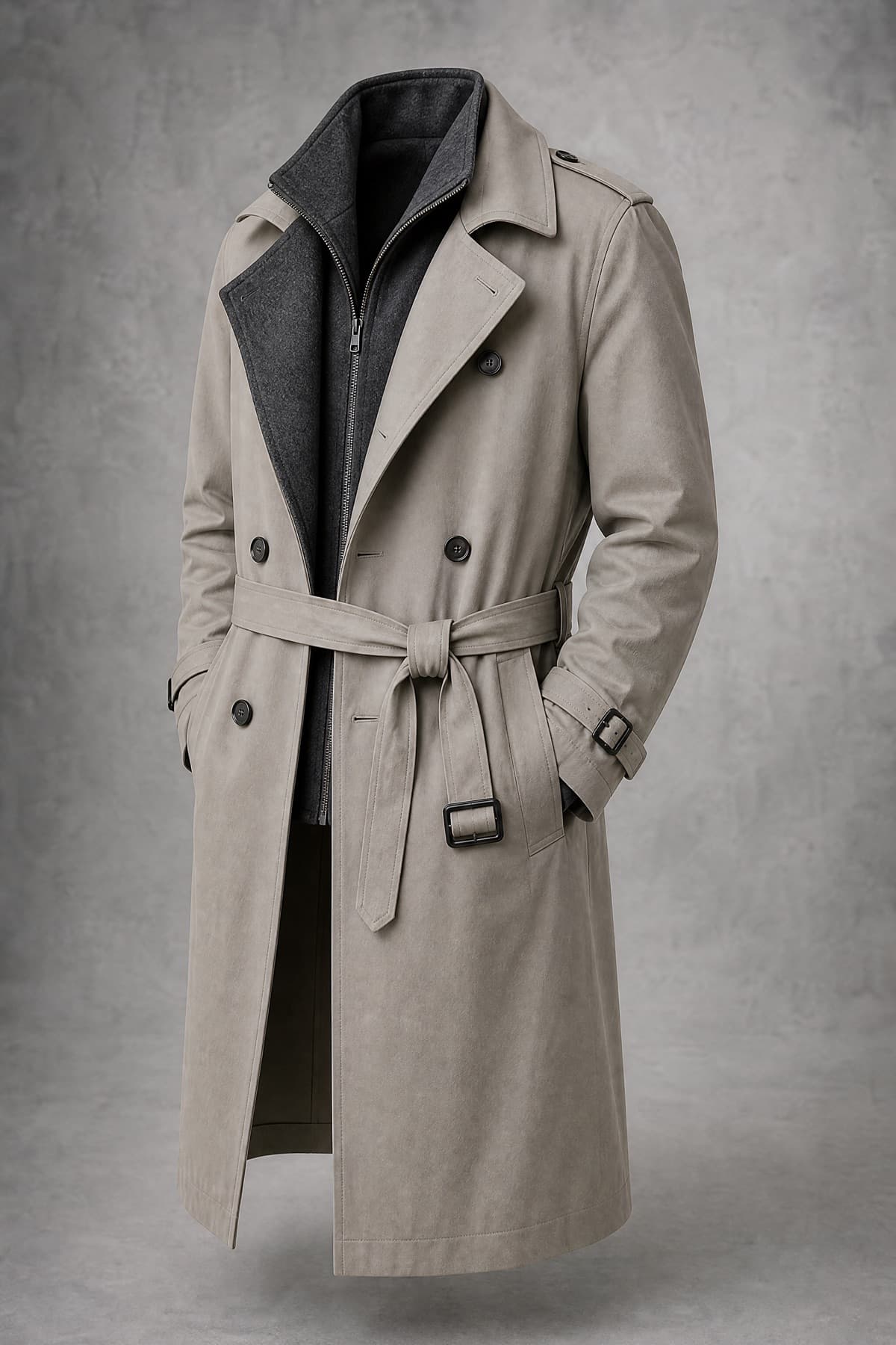 Trench Wool Lined, stone shell with the charcoal wool liner partly unbuttoned and pulled out
