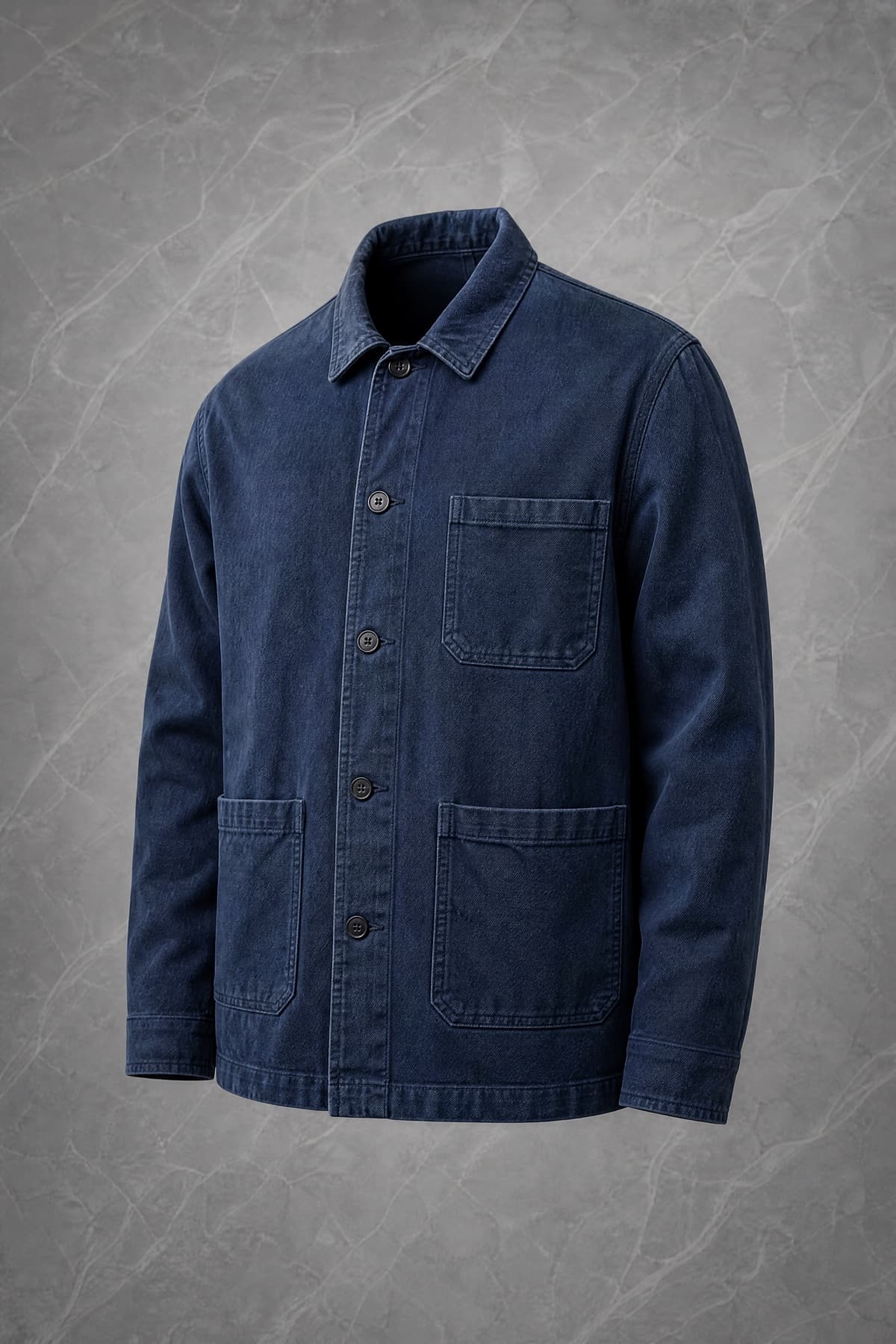 Chore Jacket, washed indigo cotton twill, three patch pockets, on an invisible form