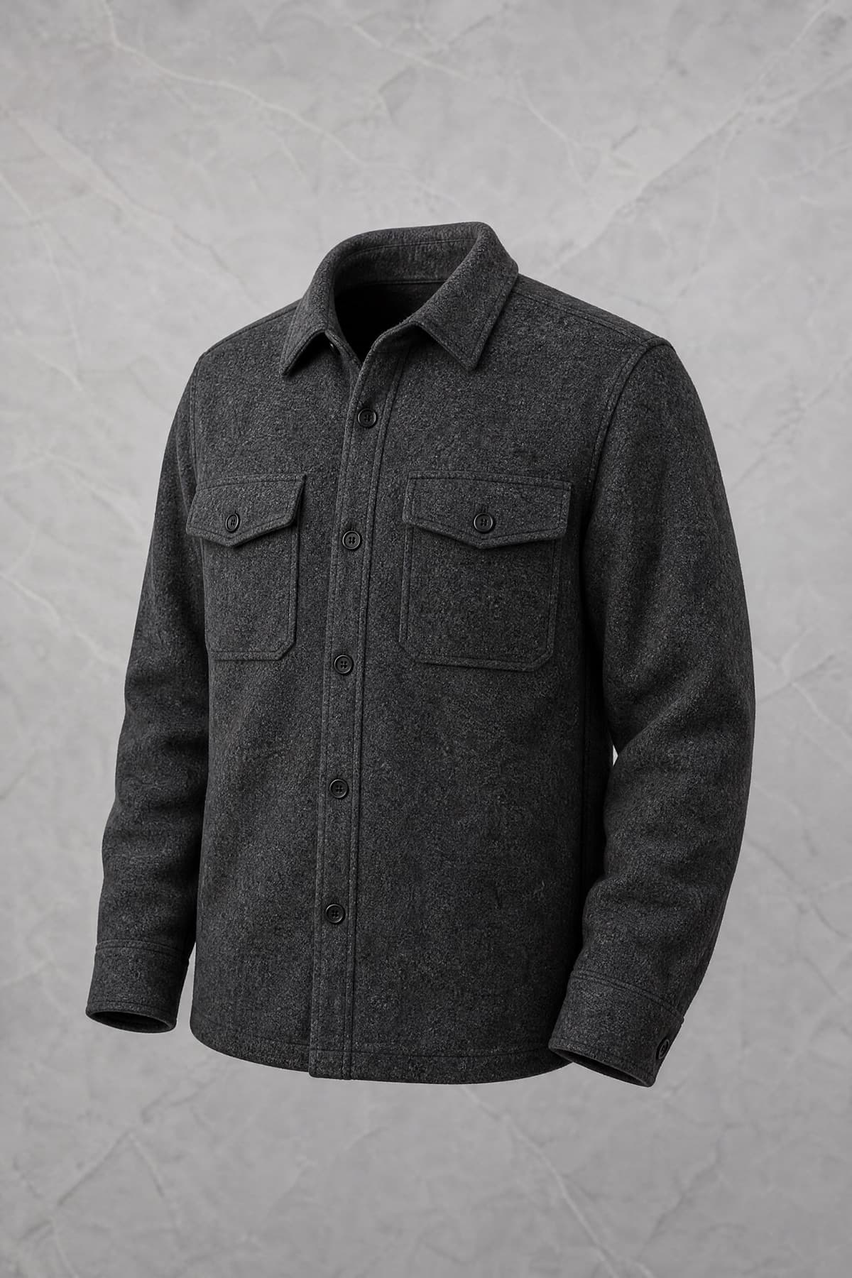 Overshirt Wool, charcoal heather, shirt collar, two chest flap pockets, on an invisible form