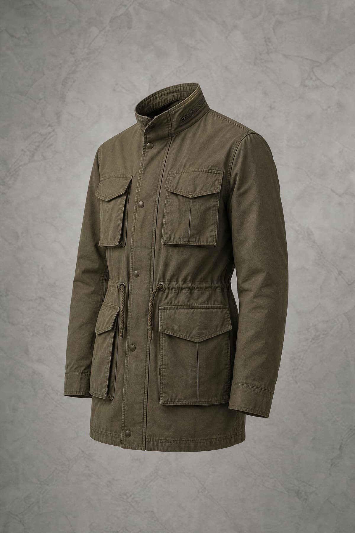Field Jacket, olive cotton with four bellows pockets and a drawcord waist, on an invisible form