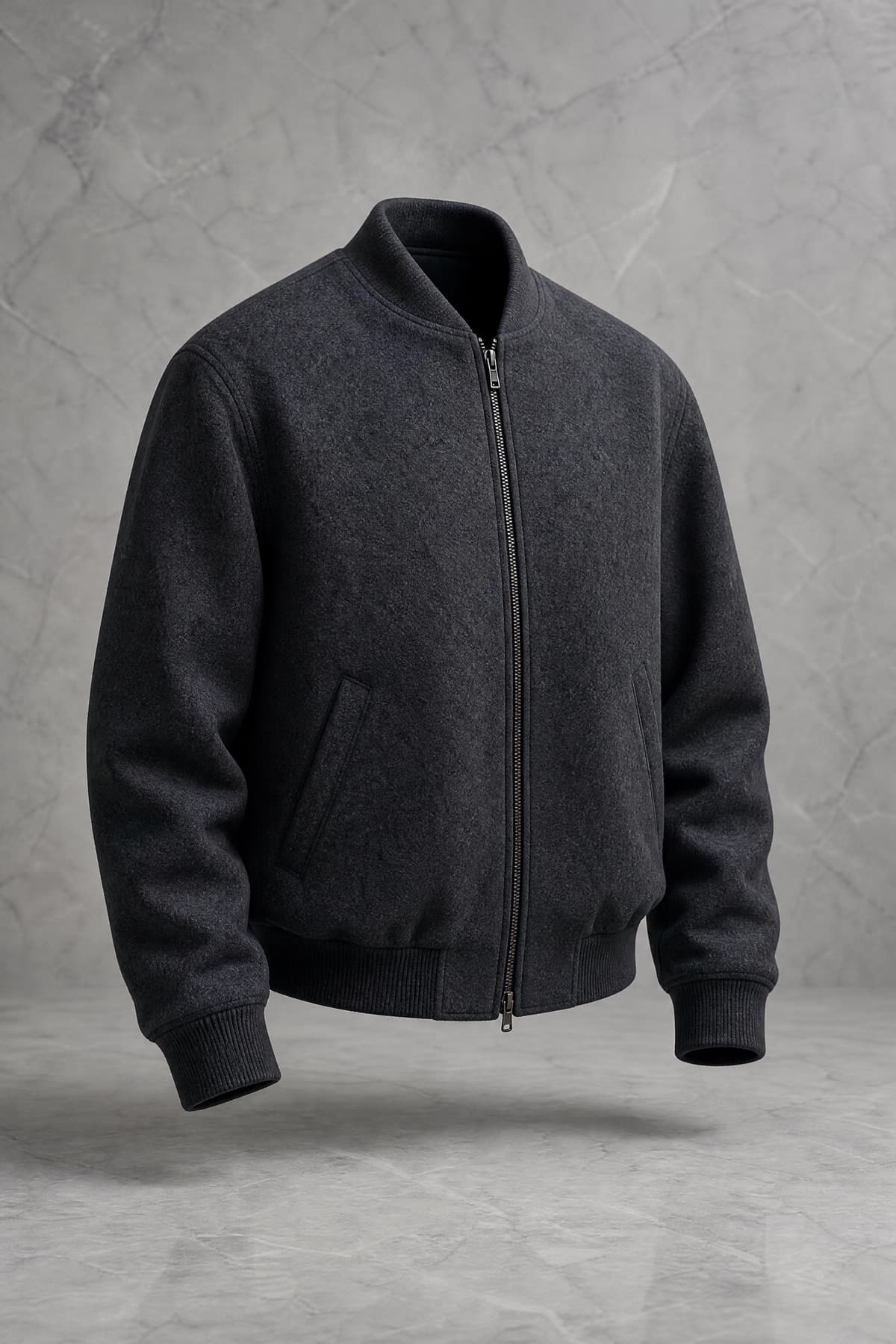 Bomber Wool, charcoal melton with ribbed collar, cuffs and hem, on an invisible form