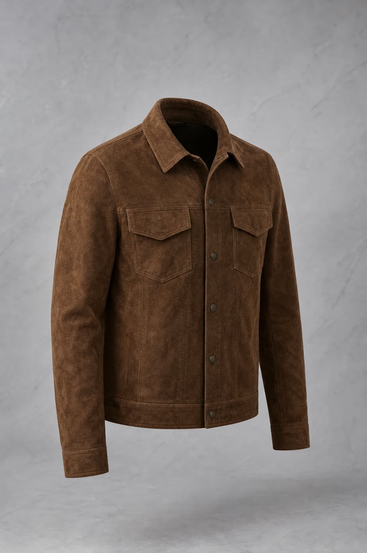 Suede Jacket, tobacco brown goat suede with a matte nap, shirt collar, on an invisible form