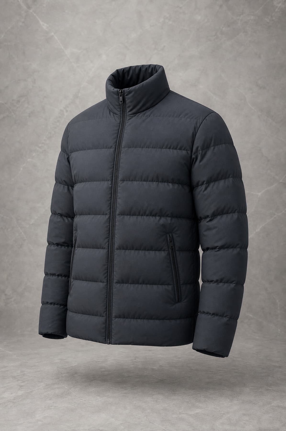 Padded Synthetic, dark slate shell with wide horizontal quilted channels, on an invisible form