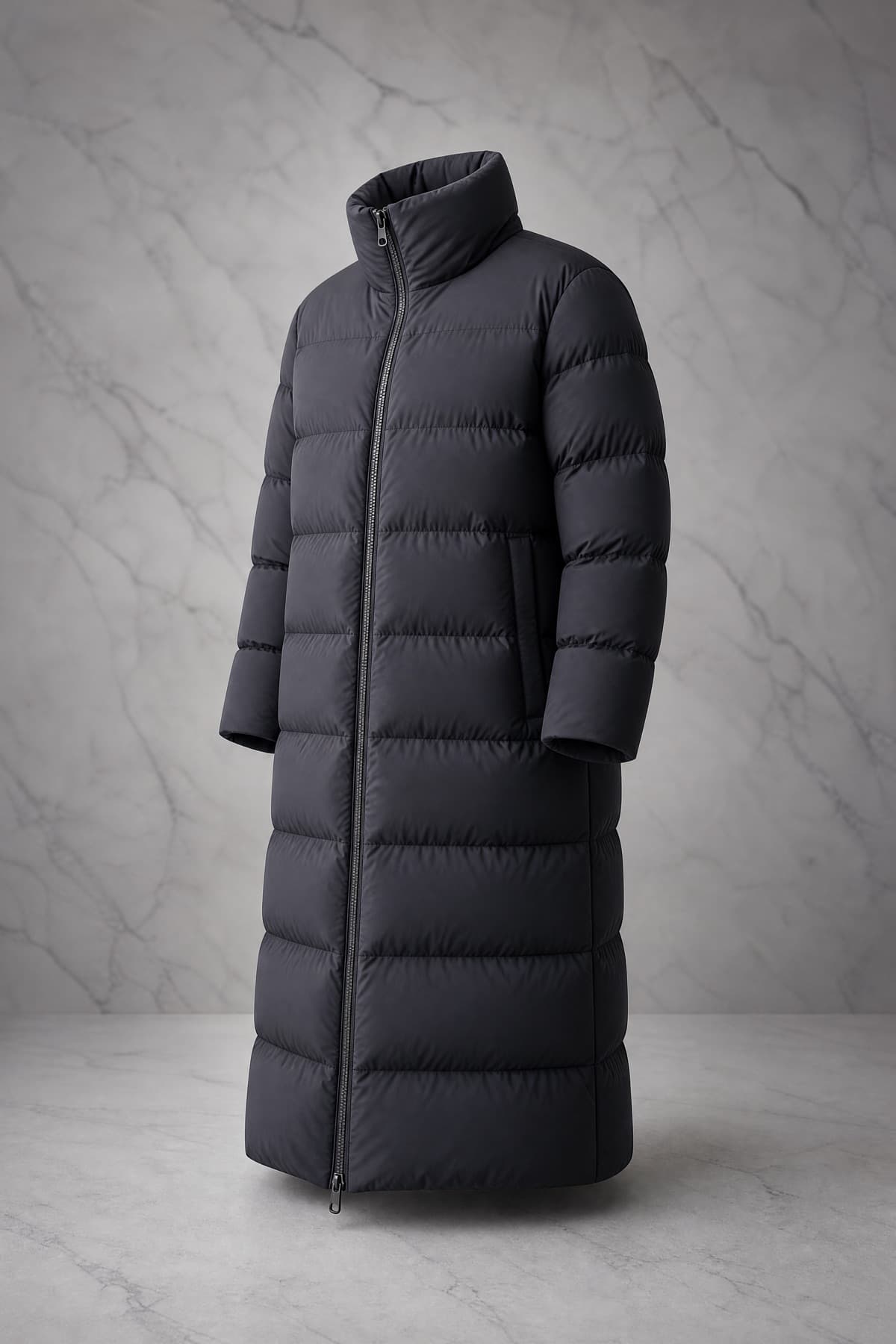 Down Long, matte charcoal goose-down coat to mid-calf with deep horizontal box baffles