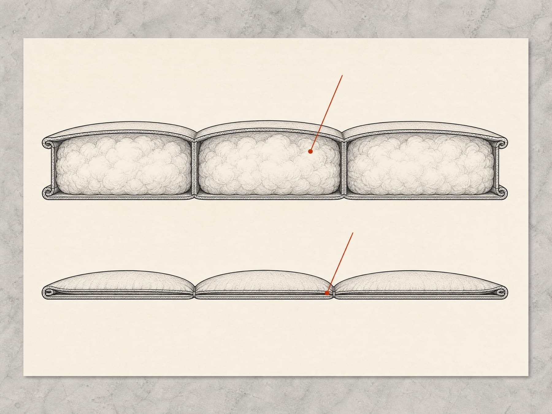 Cutaway comparing box-baffle chambers with sewn-through quilting