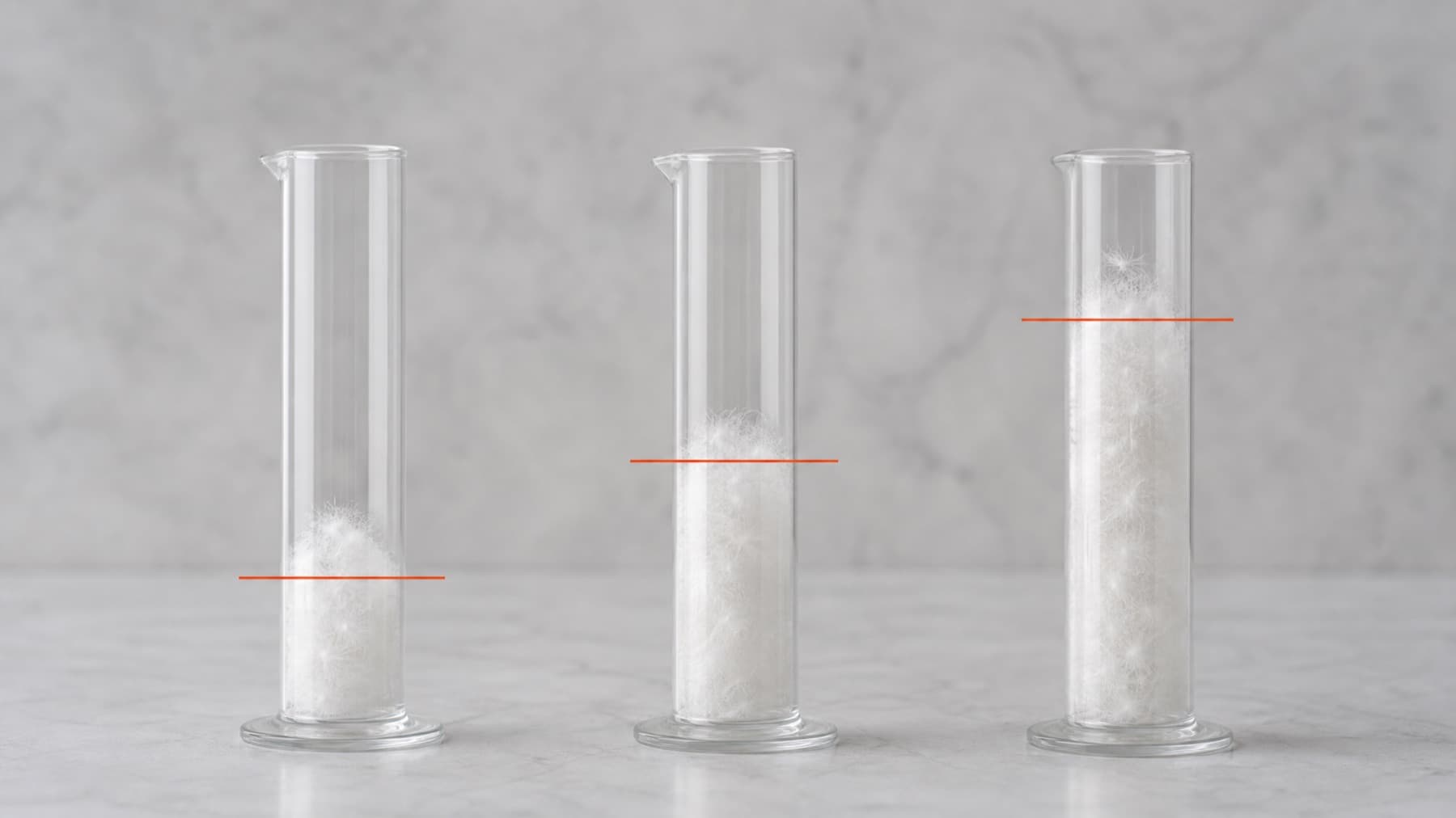 Equal masses of down lofted to three different heights in identical measuring tubes