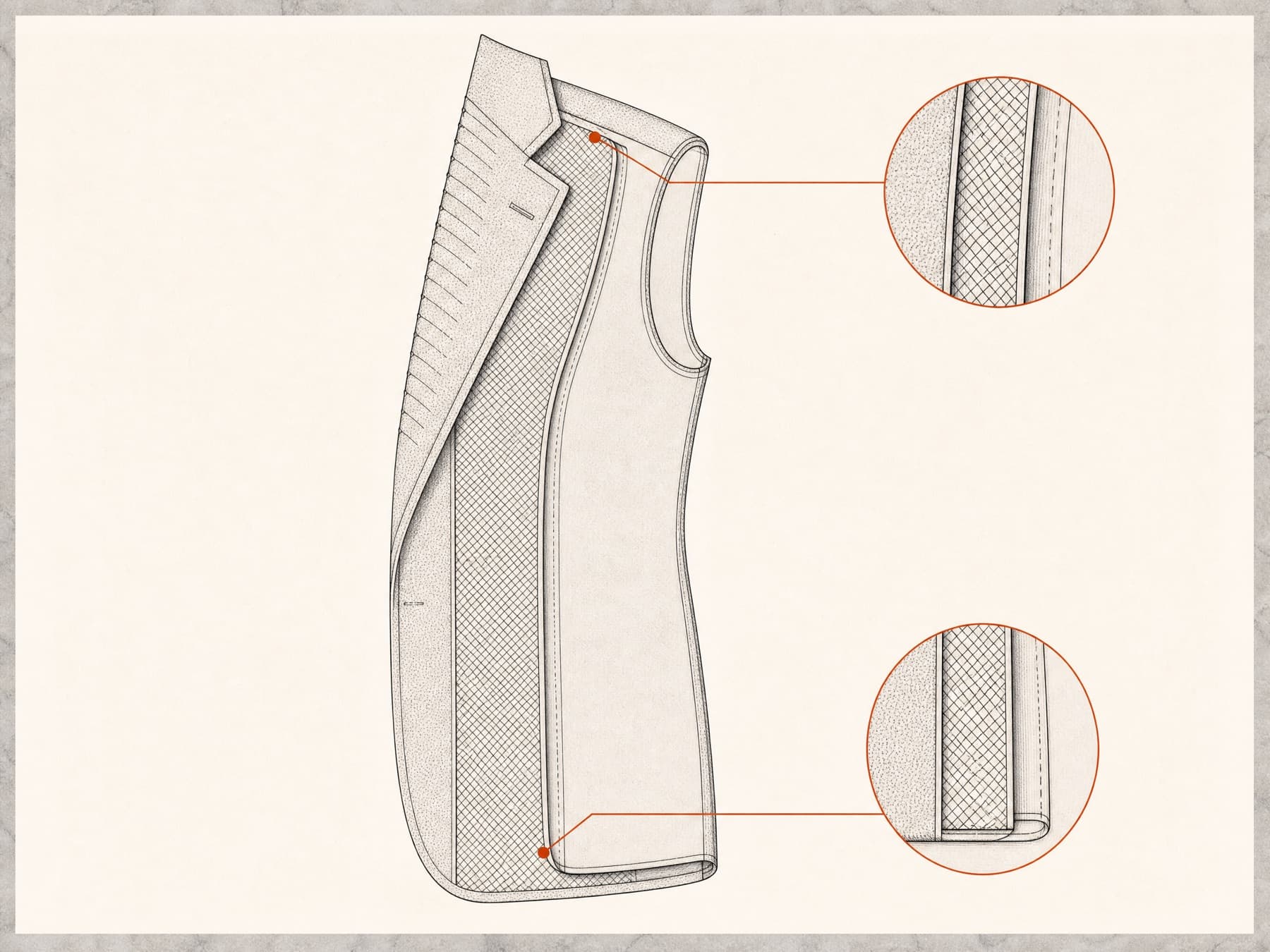 Cutaway of full canvas construction: the floating horsehair canvas runs from shoulder to hem