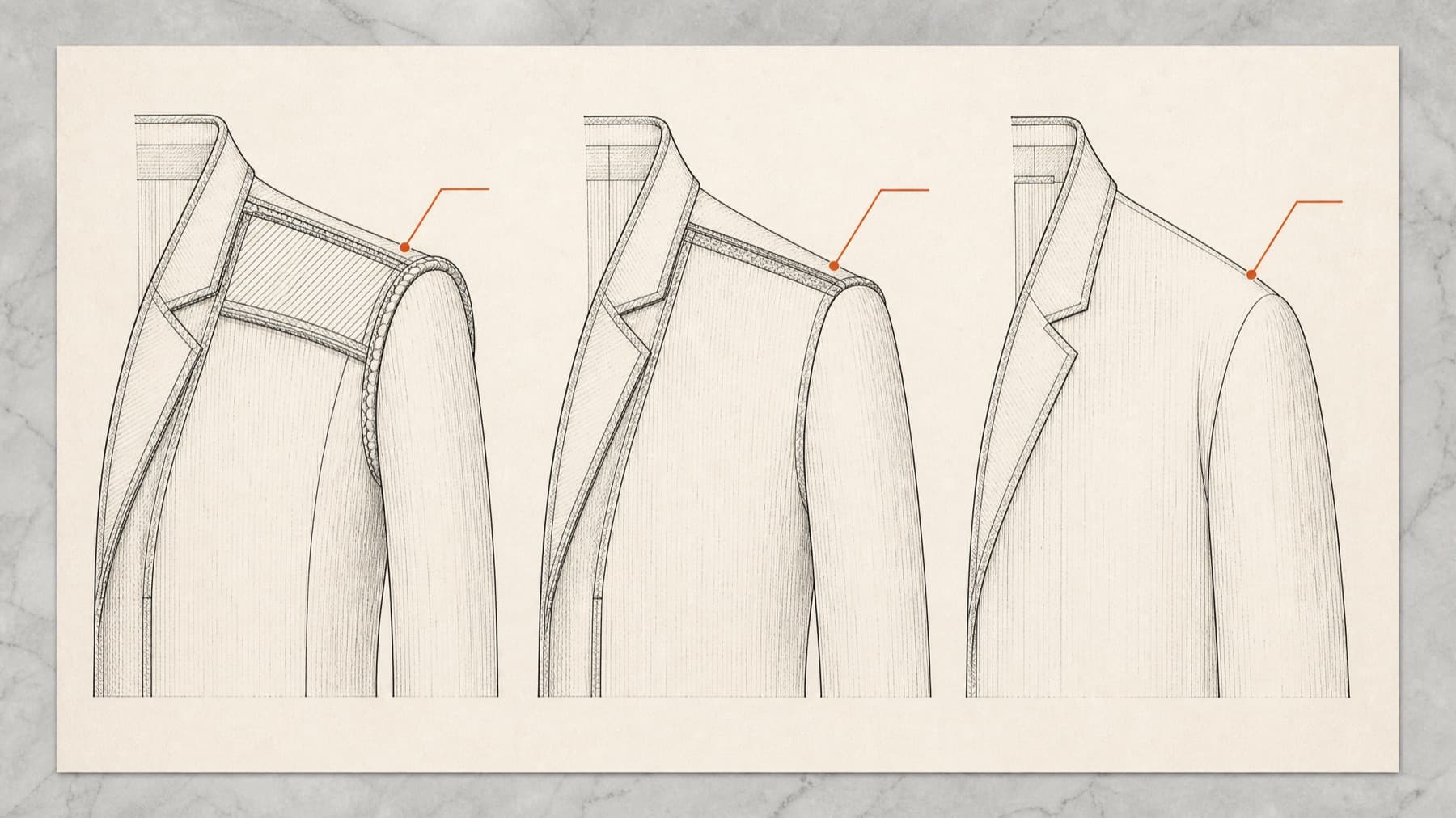 Three shoulder constructions in cutaway: padded and roped, lightly padded natural, and fully soft