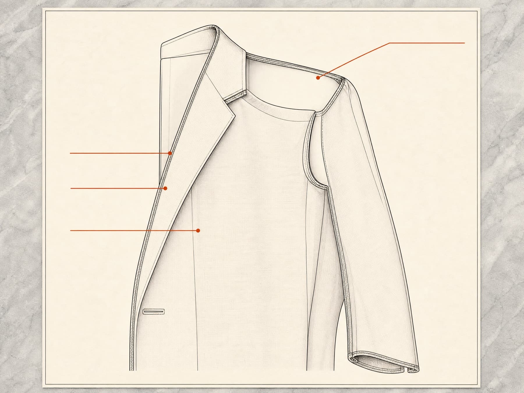 Cutaway of unstructured construction with no canvas and no shoulder pad